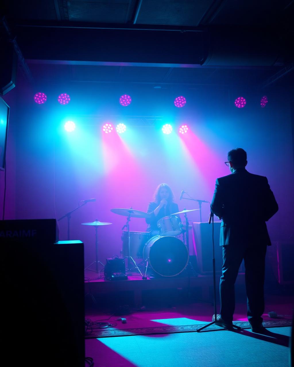 A live band backing a karaoke singer on a small club stage