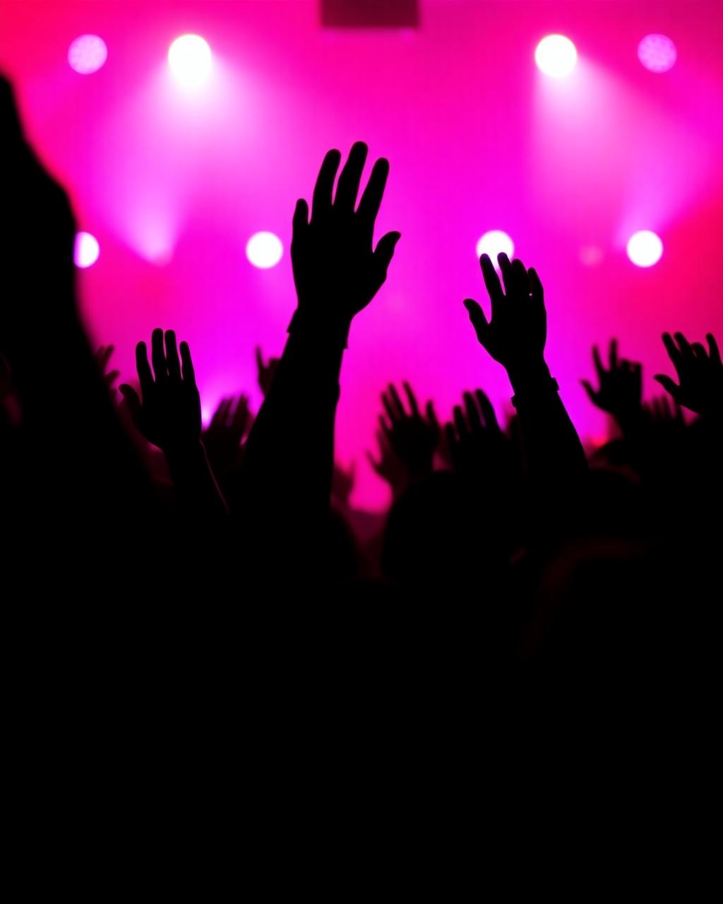 A crowd with raised hands under magenta club lighting